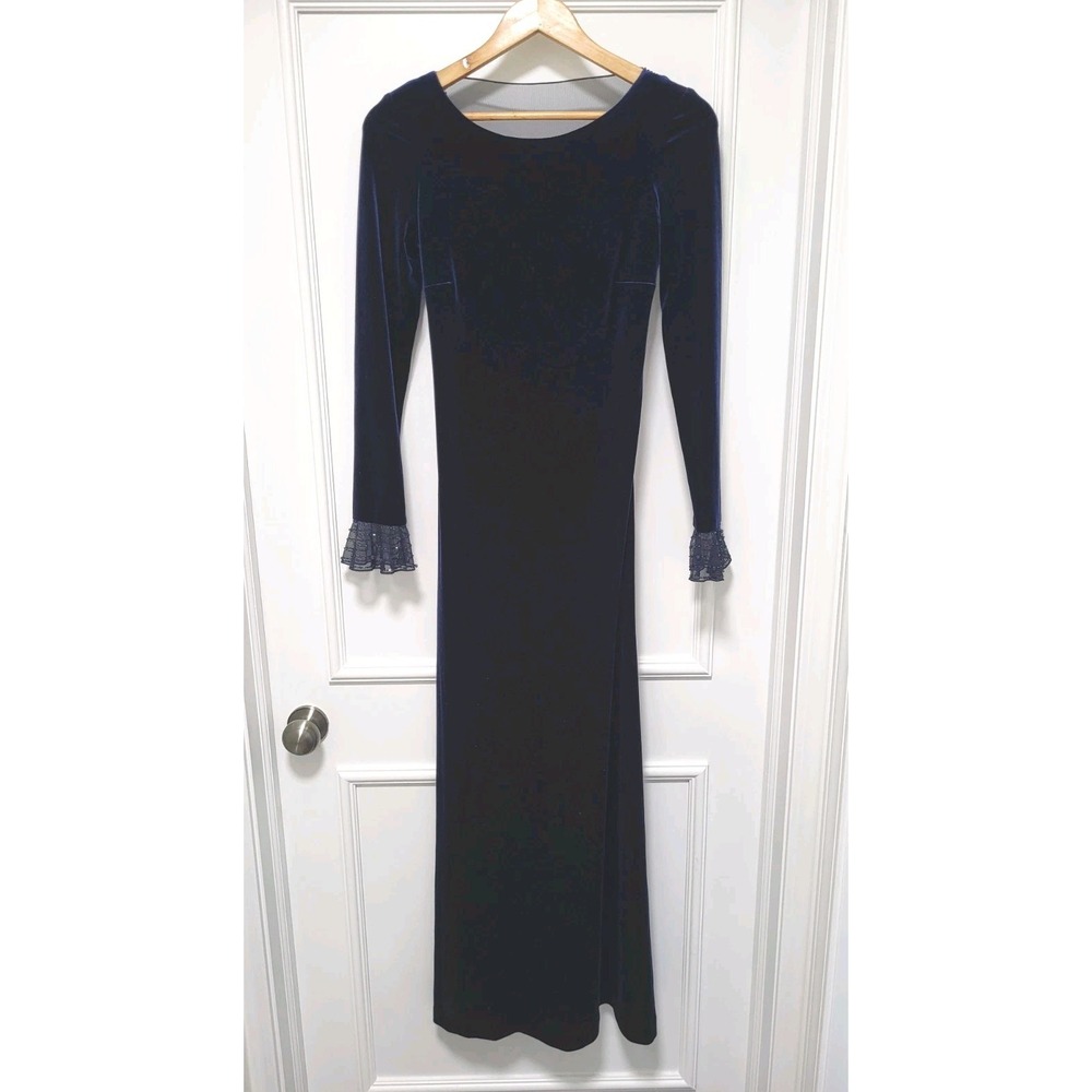 Blue Stretch Velvet Beaded Long Sleeve Event Formal Elegant  Maxi Dress Sz 4